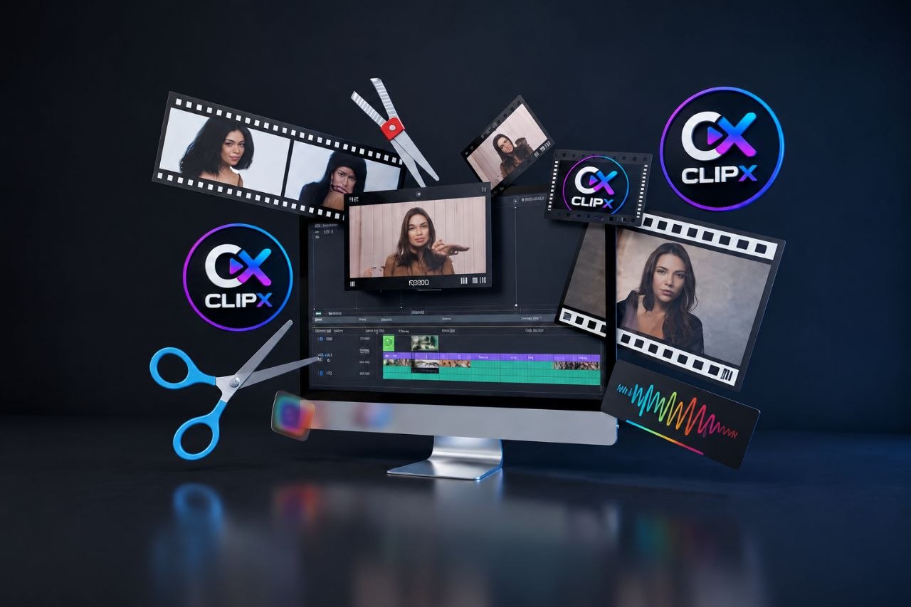 CLIPX creator environment: a short-form video editing timeline surrounded by film frames and CLIPX marks